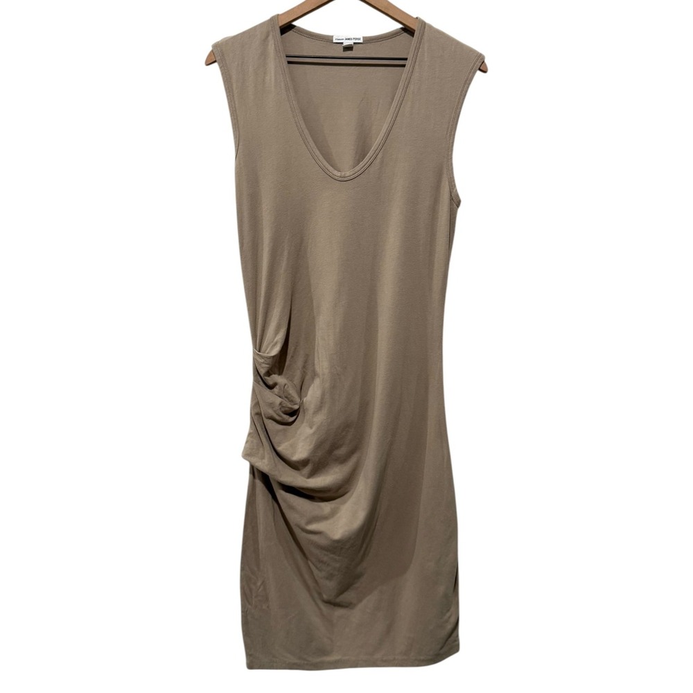 Standard James Perse Ruched Sleeveless V-Neck Midi Dress Sz 4 XL Beige Stretch